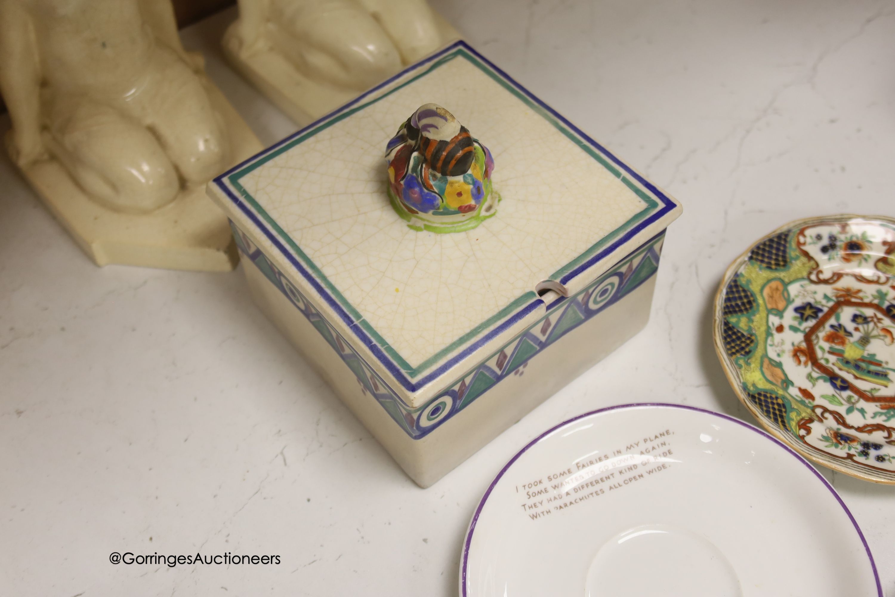 A Carter, Stabler & Adams Poole square serving dish, with cover, width 13cm, a pair of white glazed earthenware nude bookends, a Limoges teaset and three other items